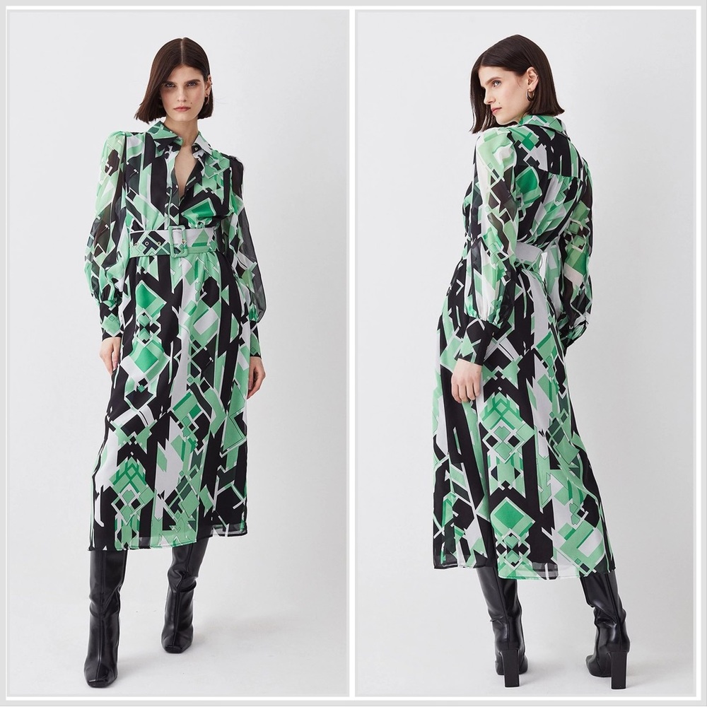 Karen Millen Jigsaw Geo Georgette Pleated Woven Long Sleeve Shirt Midi Dress